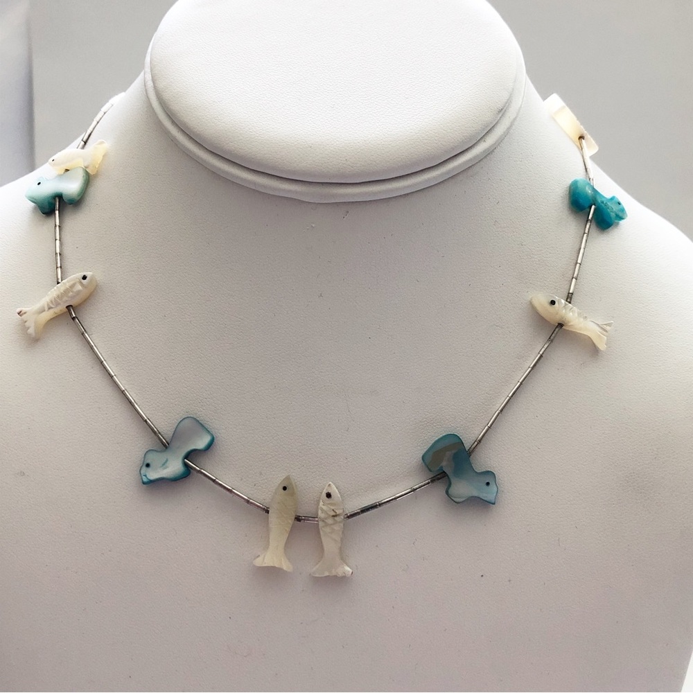 Southwestern Mother of Pearl Fish and Bear Fetish Sterling Silver Necklace - Picture 2 of 8